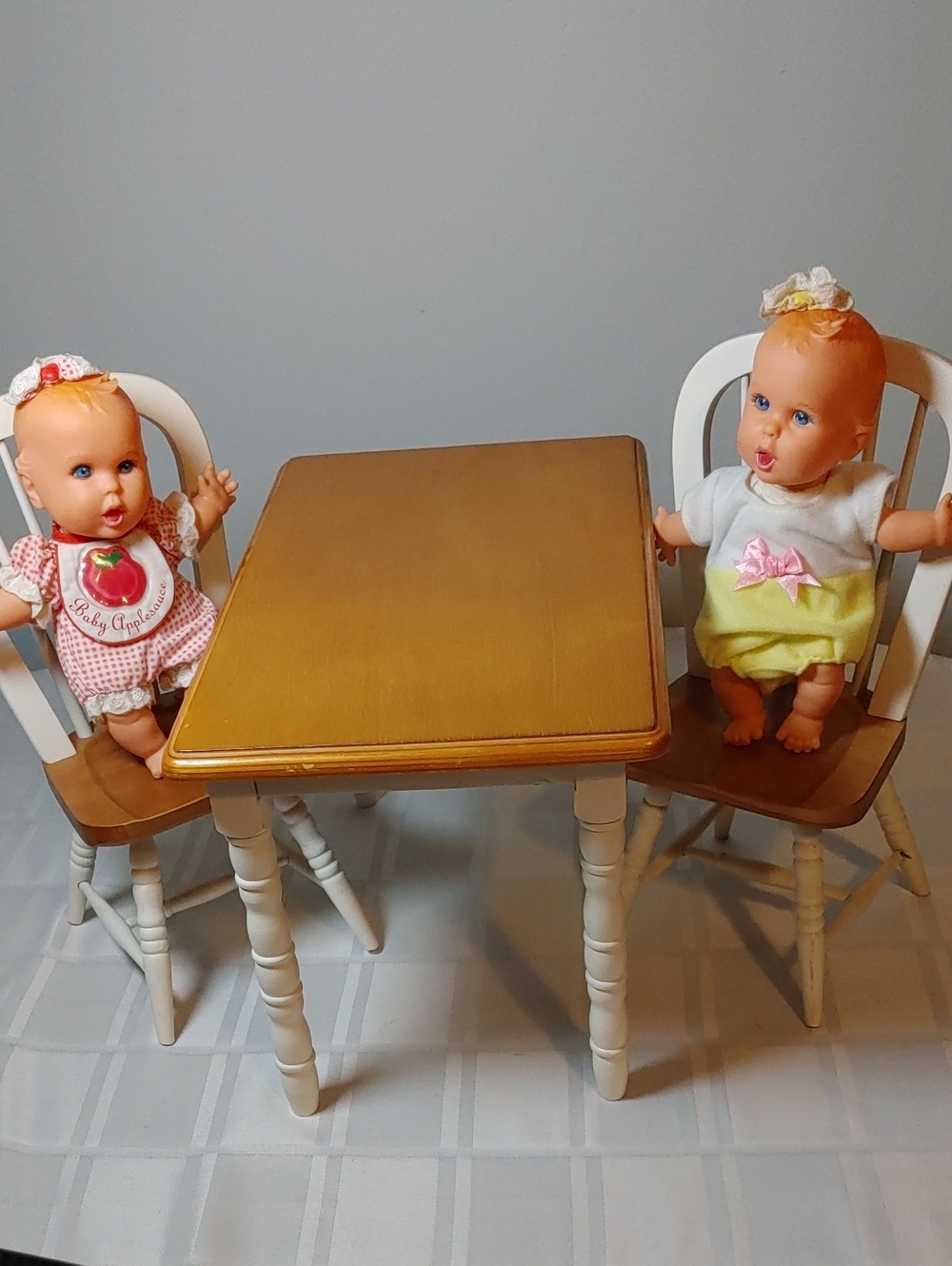 Miniature Wooden Dining Table and 2 Chairs Set With 2 Baby Gerber Dolls